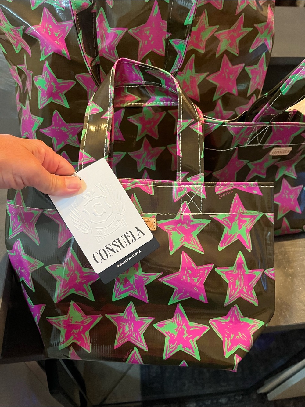Consuela Green Background Tote with Pink Star Print - Picture 3 of 6
